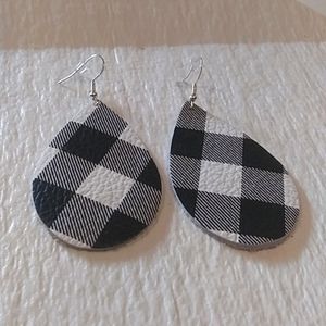Handcrafted Leather Teardrop Earrings Sterling Silver Wires Black  Buffalo Check